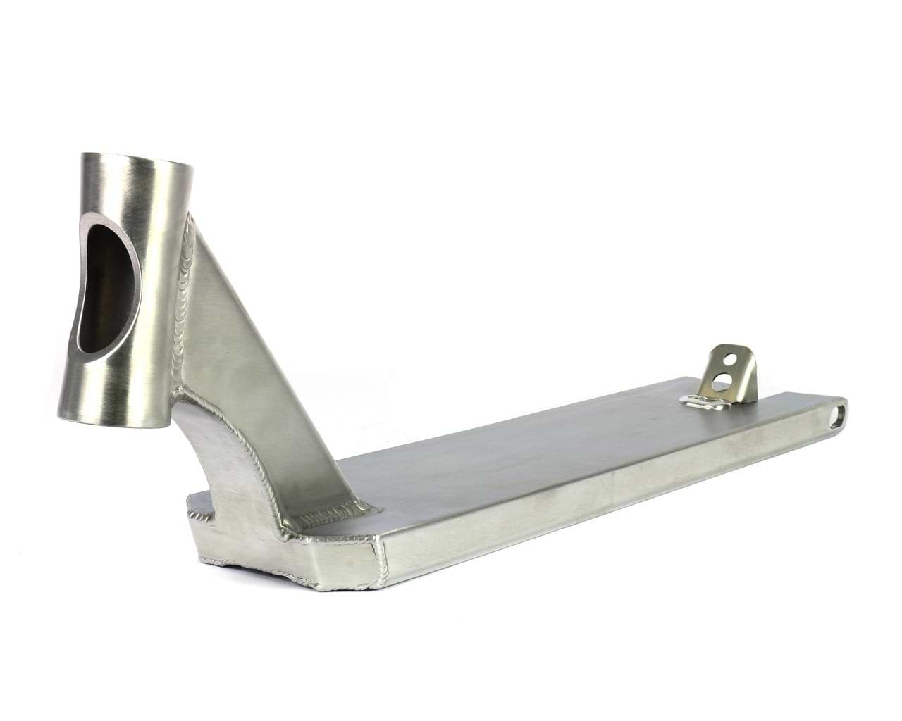 The Apex Pro Raw Silver Boxed Stunt Scooter Deck by Apex features a sleek, metallic design with T6 heat treatment for increased durability. It includes a reinforced head tube and boxed deck ends, providing optimal mounting points for wheels and other components. This rectangular silver deck measures 5" x 20.9".