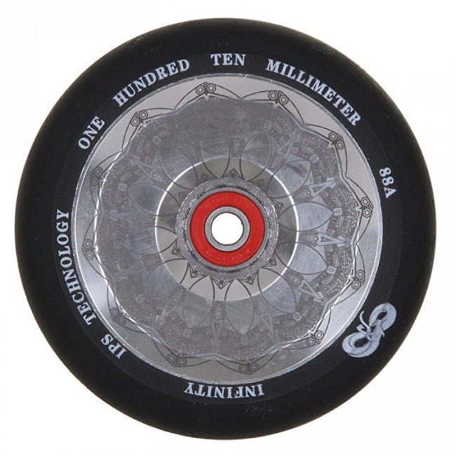 A raw silver wheel from Infinity, showcasing a red center bearing and an intricate black design on the hub, comes equipped with ABEC 9 bearings for exceptional performance. The wheel is inscribed with "110mm Stunt Scooter Wheel," "88A," and "Infinity," highlighting the IPS with Semi Hollowcore technology.