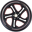 Close-up of a black Frenzy 250mm replacement scooter wheel, highlighting five spokes with red and brown accents on the inner sections. The brand name "Frenzy" is prominently displayed on the outer rim, featuring a central metal bearing.