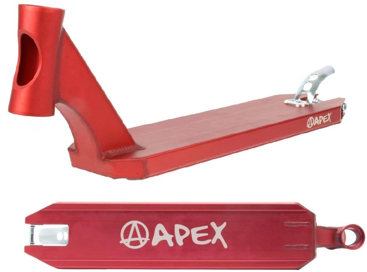 Introducing the Apex Pro Red Stunt Scooter Deck in dimensions 4.5" x 19.3", showcasing the "APEX" logo and designed with an integrated head tube and angled rear complete with a brake. Exhibited from side and bottom angles, this deck highlights its sleek design and metallic finish, ensuring a lightweight yet durable experience for scooter enthusiasts.