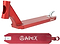 Introducing the Apex Pro Red Stunt Scooter Deck in dimensions 4.5" x 19.3", showcasing the "APEX" logo and designed with an integrated head tube and angled rear complete with a brake. Exhibited from side and bottom angles, this deck highlights its sleek design and metallic finish, ensuring a lightweight yet durable experience for scooter enthusiasts.