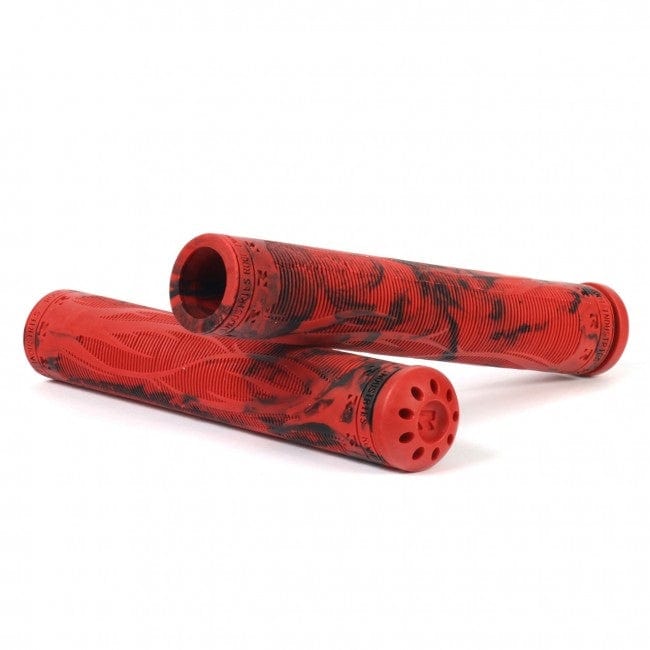 The Root Industries R2 Pro Red Stunt Scooter Grips, measuring 173mm, showcase a red and black marbled finish with one grip stacked on the other. They feature a textured surface for enhanced hold and an open end with a visible star pattern, guaranteeing both durability and comfort during long rides.