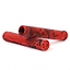 The Root Industries R2 Pro Red Stunt Scooter Grips, measuring 173mm, showcase a red and black marbled finish with one grip stacked on the other. They feature a textured surface for enhanced hold and an open end with a visible star pattern, guaranteeing both durability and comfort during long rides.