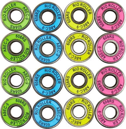 A set of sixteen vibrant roller skate bearings from Root Industries showcases multicoloured rubber shields in six green, five blue, and five pink. Each bearing is inscribed with "Rio Roller" and "ABEC 9 Precision Bearings," with "608RS" gracefully etched along the edge.