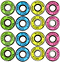 A set of sixteen vibrant roller skate bearings from Root Industries showcases multicoloured rubber shields in six green, five blue, and five pink. Each bearing is inscribed with "Rio Roller" and "ABEC 9 Precision Bearings," with "608RS" gracefully etched along the edge.