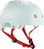 The "Rio Roller Script Skate Helmet - Teal" by Rio Roller showcases a durable high-impact ABS shell equipped with ventilation holes for comfort. Its stylish design is complemented by red adjustable straps, blending retro aesthetics with safety and featuring the brand's elegant script on the side.