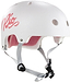 The Rio Roller Script Skate Helmet in white features a stylish retro design with pink interior padding and ventilation holes. Accented with "Rio" in pink script on the side, this helmet includes adjustable gray chin straps and a black buckle for improved impact resistance.