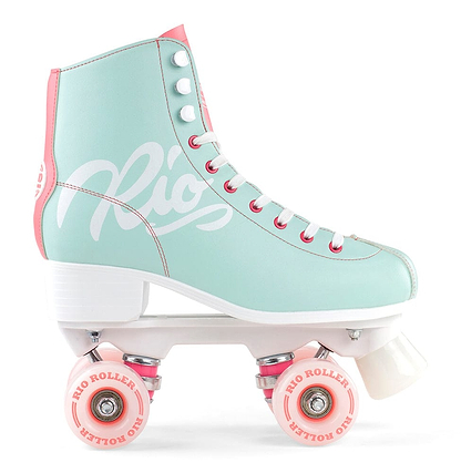 The Rio Roller Script Quad Roller Skates in Teal and Coral feature a stylish mint green and pink design with white laces and wheels. The skates proudly display "Rio" in large script across the side. They are crafted from PVC leather, complemented by a white sole and a pink heel tab, blending retro style with contemporary colors for the ideal quad roller skates.