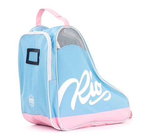 The Rio Roller Script Skate Bag - Blue / Pink is a trendy accessory by Rio Roller, showcasing "Rio" in white script. Crafted from water-resistant material, it features an adjustable carry strap, a top handle, and a small mesh panel for ventilation.