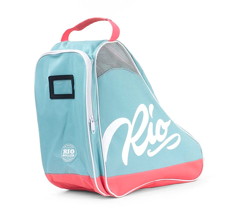 The Rio Roller Script Skate Bag in teal and coral features a mesh panel with the brand name "Rio" in white. It comes with an adjustable carry strap, a top handle, and a small black ID window, all made from water-resistant material for durability.