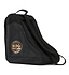 The Rio Roller Rose Skate Bag in Rose Gold is designed with a chic black color accented by a tan and black logo. It is made from water-resistant material and comes with both a top handle and an adjustable shoulder strap for convenient carrying, ensuring your roller skates are securely held.