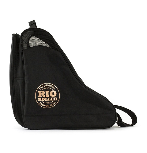 The Rio Roller Rose Skate Bag in rose gold by Rio Roller boasts a side logo and a top mesh section for ventilation. It features an adjustable carry strap for ease of use and is crafted from water-resistant material, making it ideal for securely carrying your roller skates.