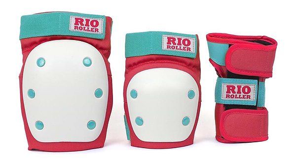 Introducing the Rio Roller Triple Skate Protection Pad Set in Red and Mint: a stylish and vibrant set offering superior skatepark safety. This comprehensive package includes knee pads, elbow pads, and wrist guards, all designed to keep you protected while skating with flair.