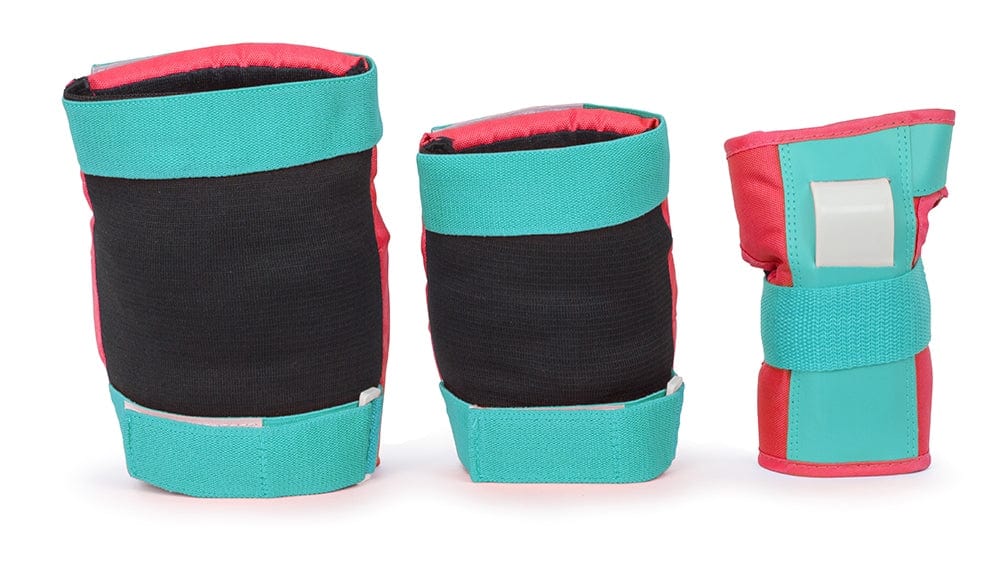 Experience top-tier skatepark protection with the Rio Roller Triple Skate Protection Pad Set in red and mint. This stylish set includes knee pads and wrist guards featuring vibrant mint straps, strong black padding, and striking red details. Perfect for any ramp-style adventures while adding a mix of safety and flair against a crisp white background.