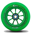 The Emerald Green River Glide 110mm Stunt Scooter Wheel boasts a spoked, anodised 6061-T6 aluminium core engraved with "Performance Urethane," "USA Made," "110 mm," and "Buff Core Technology." The blue central hub adds further branding, blending sleek design with premium craftsmanship.
