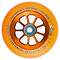 Close-up of the River Rapids 110mm Stunt Scooter Wheel in vibrant orange, featuring an intricate spoke design. The wheel is inscribed with “Performance Urethane,” “USA Made,” “Raptor,” and “BUFF Core Technology.” The blue central hub contains an anodized aluminum core.
