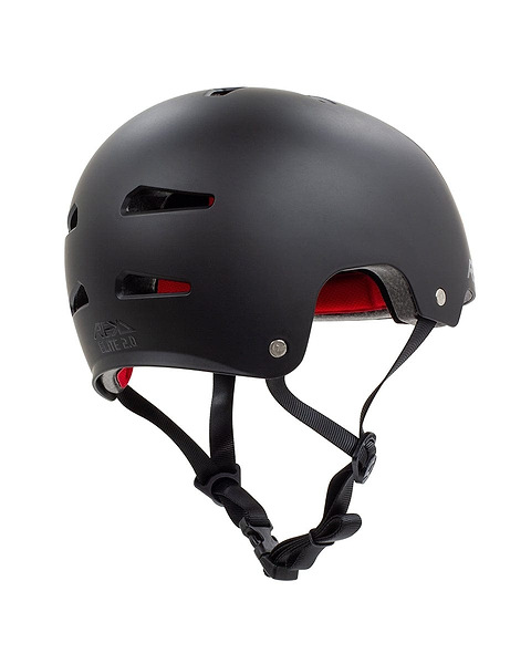 Introducing the REKD Elite 2.0 Skate/Scooter Helmet, a black matte helmet designed for action sports enthusiasts. This certified helmet features ventilation slits and plush red interior padding, along with adjustable black straps. The sleek design combines top-notch protection with stylish flair, making it perfect for outdoor adventurers.