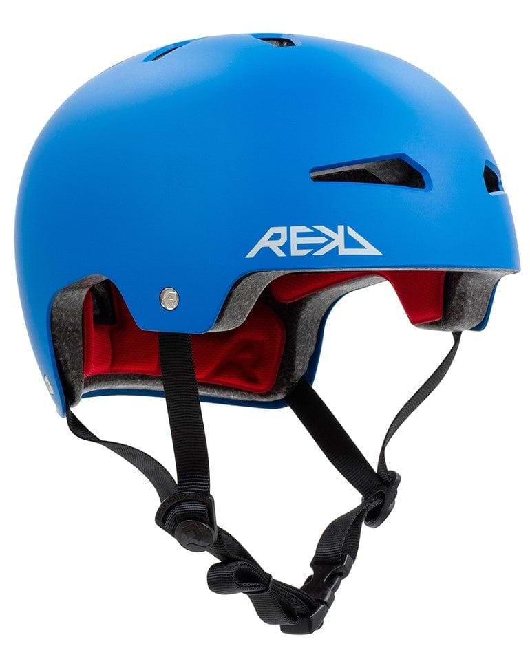 The REKD Elite 2.0 Skate / Scooter Helmet in blue features black straps and a vibrant red interior lining, along with air vents. With "REKD Protection" prominently displayed on the side, it is crafted for those who prioritize both style and safety in their gear.