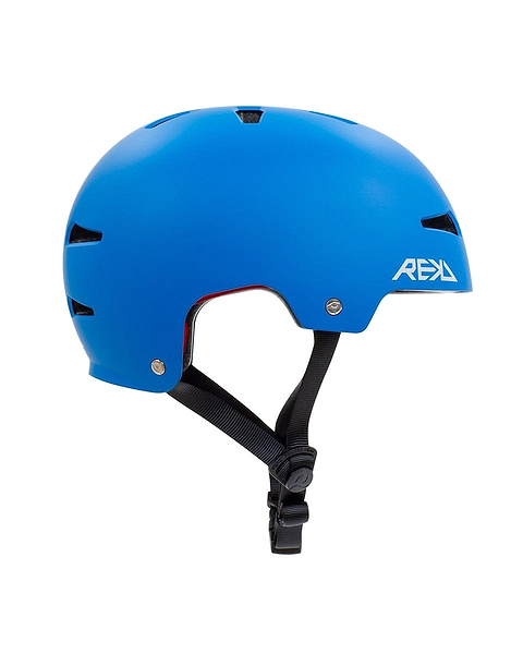 The REKD Elite 2.0 skate/scooter helmet in blue features ventilation slots and a black adjustable chin strap, with the "REKD Protection" logo in white on the side. It's ideal for action sports such as cycling and skateboarding.