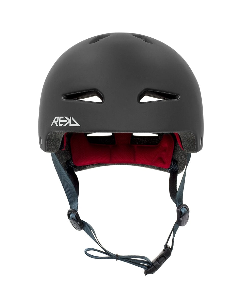 Introducing the REKD Ultralite In-Mold Skate / Scooter Helmet in Black, an ideal choice for action sports enthusiasts. This lightweight helmet offers top ventilation slots and a vibrant red interior lining. It comes with adjustable black straps and a secure buckle, seamlessly combining safety with style.