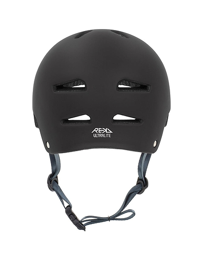 The REKD Ultralite In-Mold Skate / Scooter Helmet in black, designed for action sports, comes with four front ventilation slits and a blue adjustable chin strap, providing a lightweight helmet option.