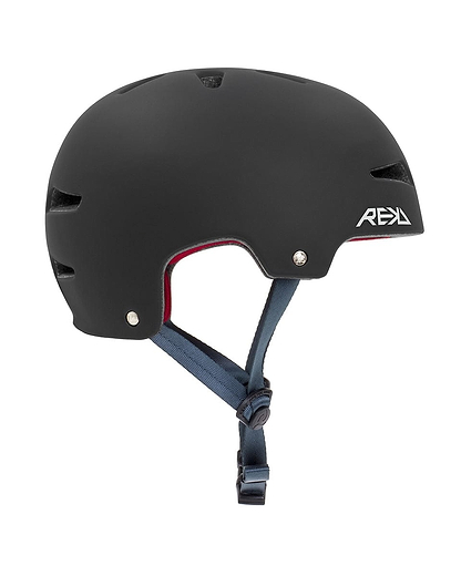 The REKD Ultralite In-Mold Skate / Scooter Helmet in black offers a matte finish, ventilation holes, and a blue adjustable chin strap. Designed for action sports, this lightweight helmet showcases the white REKD branding on the side.