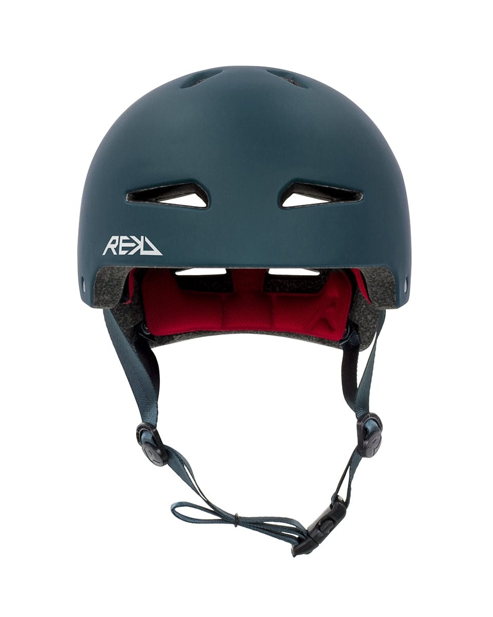 A REKD Ultralite In-Mold Skate / Scooter Helmet in a stylish blue color, featuring a red interior lining and black adjustable chin straps. This helmet showcases ventilation openings and a white REKD logo on the side, ideal for action sports enthusiasts who want both style and performance.