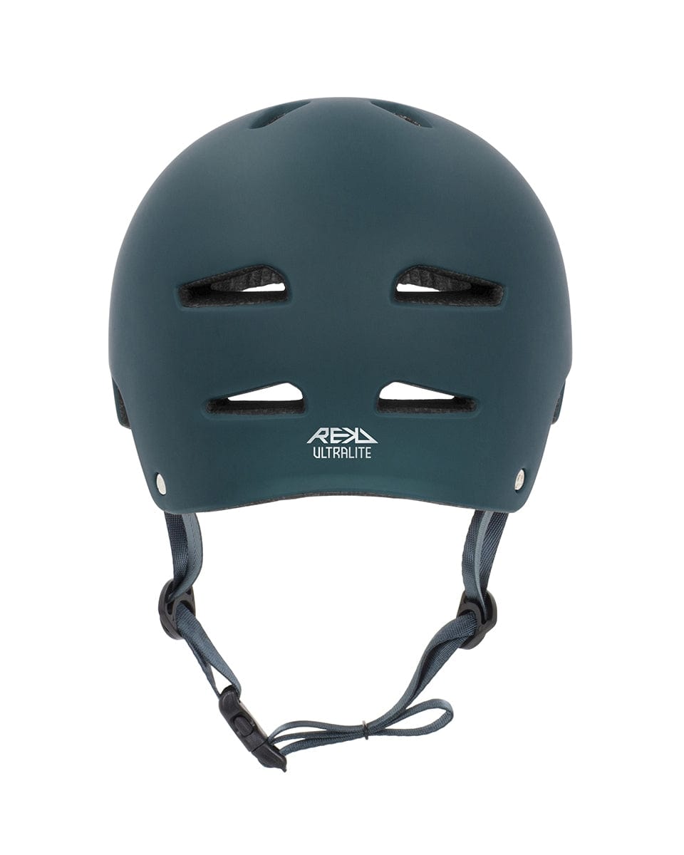 A blue REKD Ultralite In-Mold Skate/Scooter Helmet, offering ventilation slits on the top and front. This lightweight helmet includes a chin strap with an adjustable buckle and proudly displays the "Rex Ultralite" branding in white on the front, making it ideal for action sports enthusiasts who prioritize both style and safety.