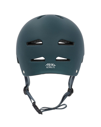 A blue REKD Ultralite In-Mold Skate/Scooter Helmet, offering ventilation slits on the top and front. This lightweight helmet includes a chin strap with an adjustable buckle and proudly displays the "Rex Ultralite" branding in white on the front, making it ideal for action sports enthusiasts who prioritize both style and safety.