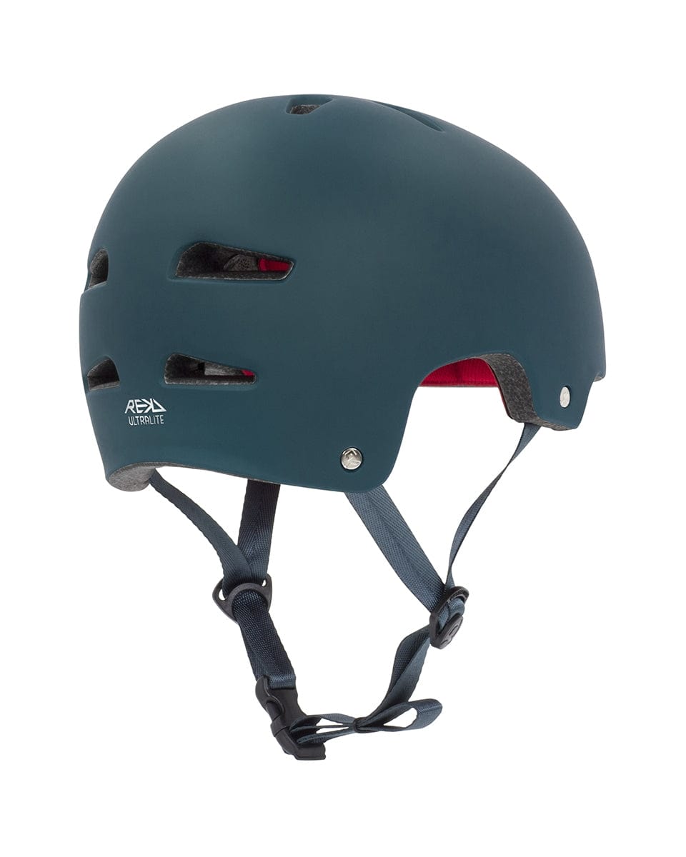 The REKD Ultralite In-Mold Skate / Scooter Helmet in blue is a lightweight helmet featuring a matte finish, multiple air vents, and an adjustable chin strap. Ideal for action sports enthusiasts, this helmet includes a red interior lining and displays "REKD ULTRALITE" branding in white on the side.