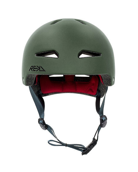 Introducing the REKD Ultralite In-Mold Skate / Scooter Helmet in a vibrant green shade. This matte-finished helmet is designed with multiple ventilation holes, features a red interior lining, and includes adjustable black straps with buckles. Lightweight and ideal for action sports enthusiasts, it is showcased from a front-facing perspective.