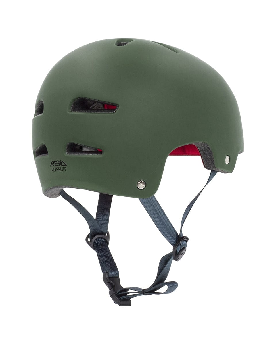 Introducing the REKD Ultralite In-Mold Skate/Scooter Helmet in a matte green finish. This helmet by REKD boasts a sleek design with ventilation holes and an adjustable black chin strap. It's lightweight, featuring a padded interior for enhanced comfort and protection, making it ideal for action sports enthusiasts. The recognizable REKD logo is displayed on the side.