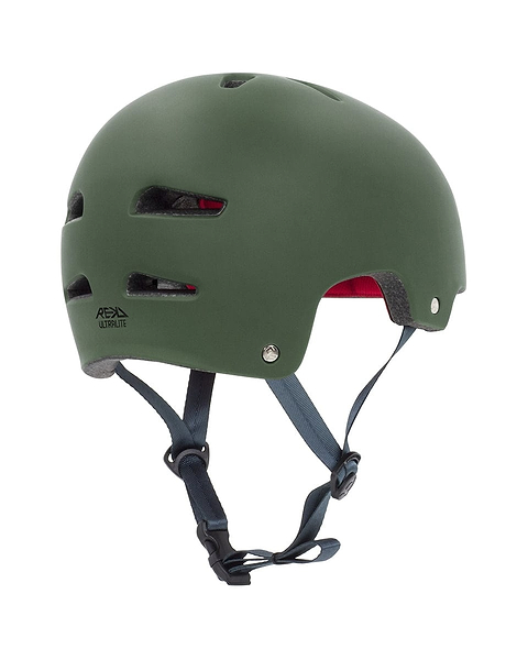 Introducing the REKD Ultralite In-Mold Skate/Scooter Helmet in a matte green finish. This helmet by REKD boasts a sleek design with ventilation holes and an adjustable black chin strap. It's lightweight, featuring a padded interior for enhanced comfort and protection, making it ideal for action sports enthusiasts. The recognizable REKD logo is displayed on the side.