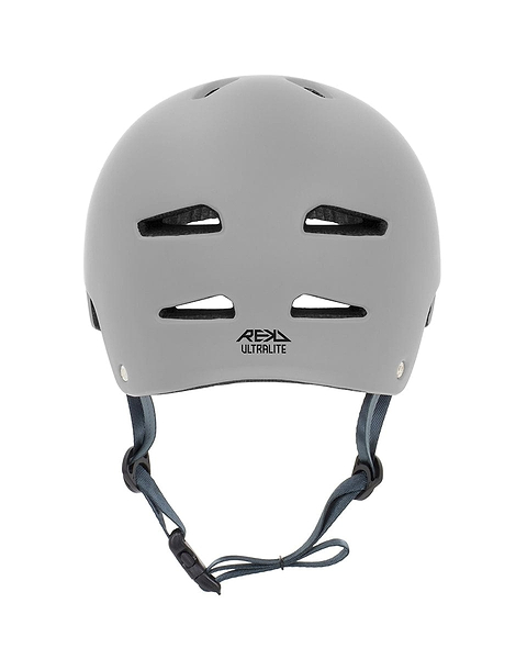Front view of a gray REKD Ultralite In-Mold Skate / Scooter Helmet featuring ventilation slots and a chin strap, with the "REKD ULTRALITE" logo prominently displayed. Engineered for safety in action sports, it utilizes In-Mold technology to provide enhanced protection for cycling or similar activities.
