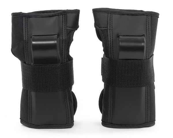 The REKD Skate Protection Wrist Guards in black, featuring Velcro straps and plastic reinforcements for 360° protection during action sports, are displayed upright against a white background.