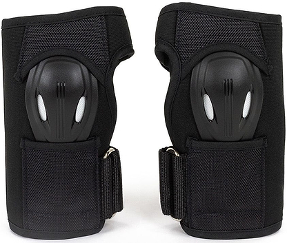 Introducing the REKD Pro Skate Protection Wrist Guards in Black: These wrist guards feature hard plastic protective shells and adjustable Velcro straps. With an ergonomic design that is perfect for extreme sports like skating, they promise safety and comfort against a crisp white background.