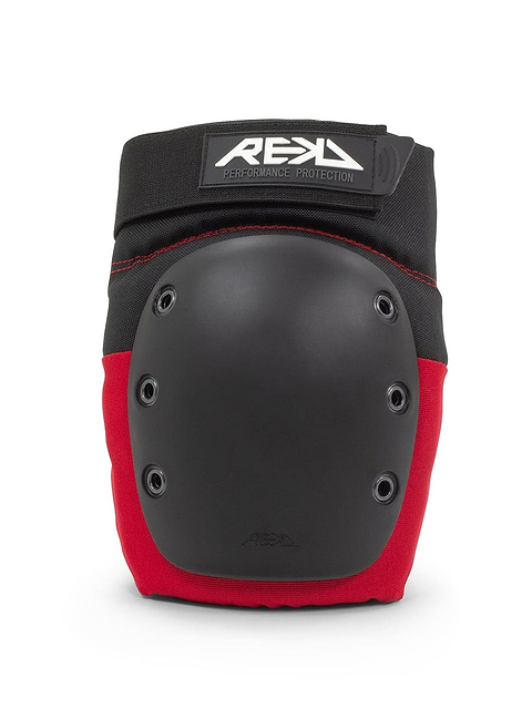 The REKD Ramp Knee Skate Protection Pads in black and red provide strong protection with a hard outer shell and multiple rivets. Designed for skateboarding or rollerblading, these knee pads feature a top strap with the REKD brand logo, ensuring both style and impact resistance.