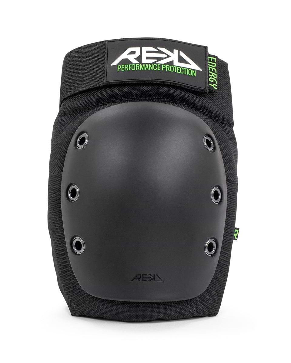 The REKD Energy Ramp Skate Protection Knee Pads - Black boast a contemporary and streamlined design. These knee pads feature a durable hard outer shell combined with impact foam to enhance safety. Adorned with multiple rivets and emblazoned with the logo "REKD Performance Protection" and "Energy," they are engineered for heavy-duty use, providing top-tier protection on ramps.