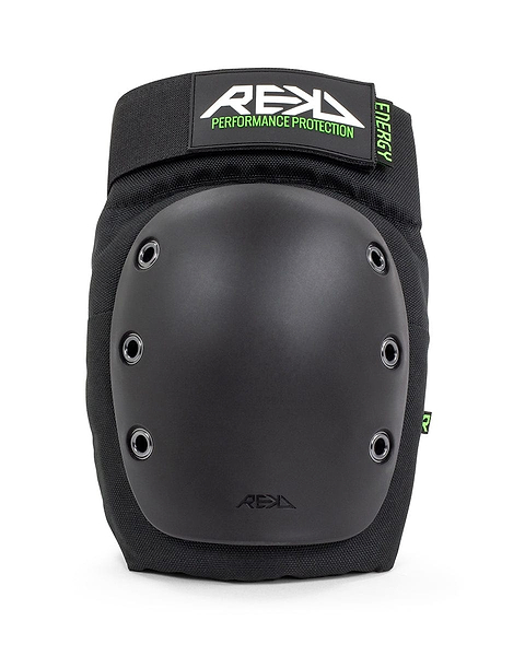 The REKD Energy Ramp Skate Protection Knee Pads - Black boast a contemporary and streamlined design. These knee pads feature a durable hard outer shell combined with impact foam to enhance safety. Adorned with multiple rivets and emblazoned with the logo "REKD Performance Protection" and "Energy," they are engineered for heavy-duty use, providing top-tier protection on ramps.