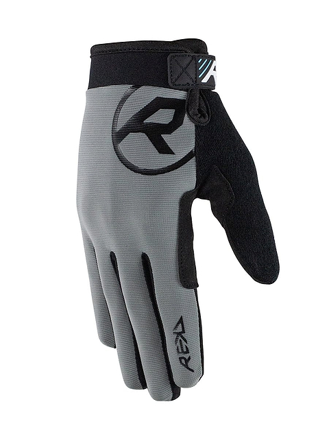 The REKD Status Skate Protection Glove in gray features a large "R" logo on the back and provides an ergonomic fit with an adjustable wrist strap. Its textured palm ensures optimal grip, while its sleek, modern design is touchscreen-friendly, making it a perfect accessory for sports or outdoor activities.