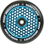 The Root Industries Honeycore 110mm Stunt Scooter Wheel in Black and Blue showcases a captivating honeycomb pattern with "Root Industries" and "Honeycore" elegantly displayed in white letters on the black outer edge. Root bearings at its center guarantee superior performance.