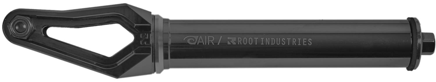 The Root Industries AIR SCS/HIC Stunt Scooter Forks in black feature a lightweight design with a stylish cutout near the top and elegantly engraved branding on the side.