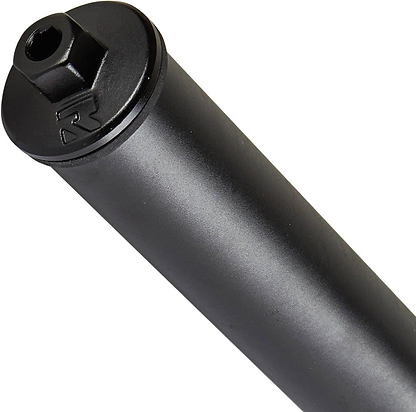 A close-up of the Root Industries AIR SCS/HIC Stunt Scooter Forks in black showcases a sleek cylindrical metal rod with a hexagonal socket on top, adorned with a small engraved logo. The lightweight scooter fork is angled against a white background, perfectly blending functionality and modern design for your ride.