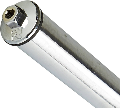 A close-up showcases a polished chrome cylindrical metal object with a hexagonal screw head at one end. Its reflective surface is engraved with Root Industries' iconic "R" logo. The Root Industries AIR SCS/HIC Stunt Scooter Fork gleams diagonally across the image, embodying precision engineering in every lightweight detail.