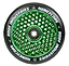 The Root Industries Honeycore 110mm Stunt Scooter Wheel in Black/Green boasts a stylish honeycomb cut-out design with a black tire. It features "Root Industries" branding on the edges and is equipped with premium Root bearings for superior performance.