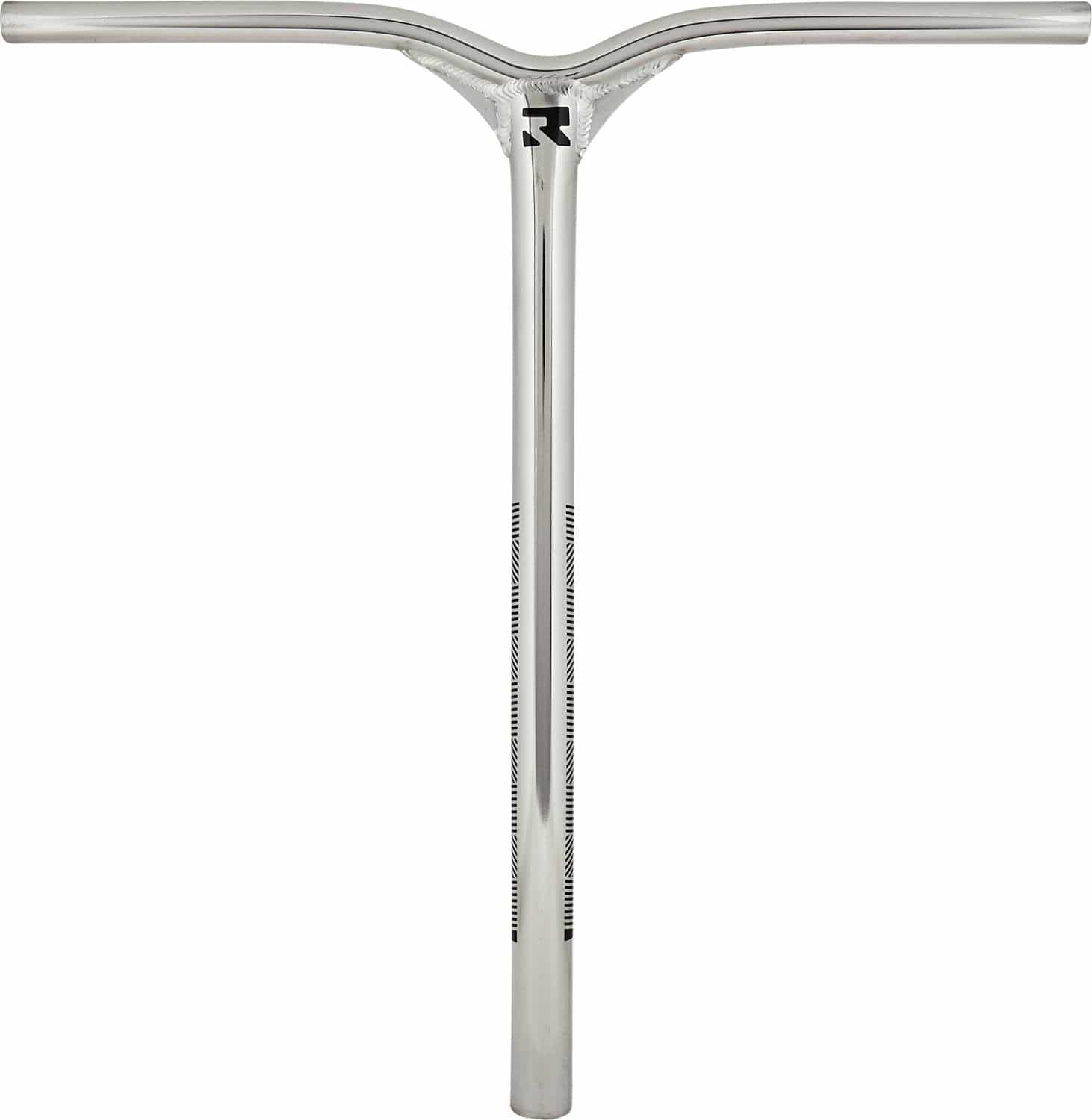 The Root Industries Invictus Aluminium IHC Stunt Scooter Bars, measuring 610mm x 580mm, showcase a mirror chrome finish with a sleek T-shaped handlebar. Crafted from HI-Modulus Alloy, the minimalist design includes a logo near the center junction and features smooth metallic surfaces that are lightweight and balanced for superior performance.