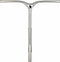 The Root Industries Invictus Aluminium IHC Stunt Scooter Bars, measuring 610mm x 580mm, showcase a mirror chrome finish with a sleek T-shaped handlebar. Crafted from HI-Modulus Alloy, the minimalist design includes a logo near the center junction and features smooth metallic surfaces that are lightweight and balanced for superior performance.