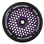 The Root Industries Honeycore 120mm Stunt Scooter Wheel in black and purple is displayed, showcasing an eye-catching honeycomb design. The inner core highlights the distinctive pattern, with "Honeycore Wheels" and "Root Industries" tastefully printed in white around the outer edge.
