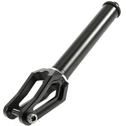 A close-up of the Root Industries AIR SCS/HIC Stunt Scooter Forks in a sleek, matte black finish. This lightweight fork features a cylindrical tube extending from a durable, angular base with a two-pronged design and a threaded bolt at the end.