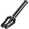 A close-up of the Root Industries AIR SCS/HIC Stunt Scooter Forks in a sleek, matte black finish. This lightweight fork features a cylindrical tube extending from a durable, angular base with a two-pronged design and a threaded bolt at the end.